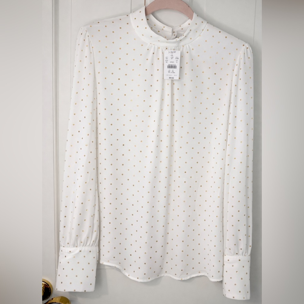 J.Crew Women’s White Gold Polka Dot Blouse XL Mock Neck Long Sleeve